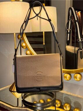 Coach Two-Tone Tan and Black Pebbled Leather Messenger Bag